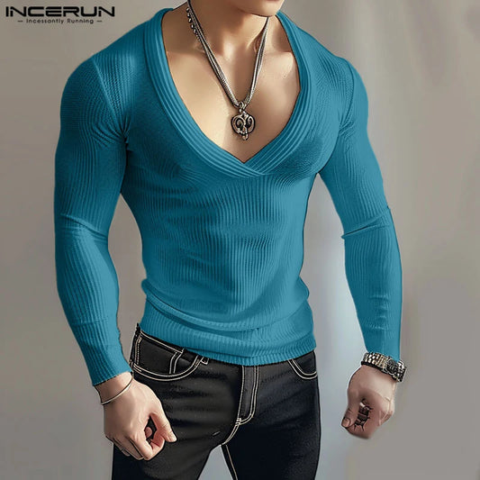 INCERUN Tops 2024 Korean Style Fashion Men's Knitted T-shirt Casual Male Slightly Transparent V-neck Long Sleeved Camiseta S-5XL