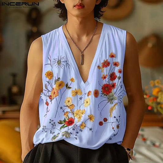 INCERUN Tops 2024 Handsome New Men's V-neck Floral Print Pattern Vests Summer Casual Streetwear Male Sleeveless Tank Tops S-5XL