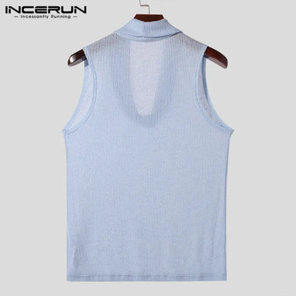 INCERUN Tops 2024 Fashionable Men's Pile Up Collar Knitted Solid Color Vests Leisure Streetwear Thin Sleeveless Tank Tops S-5XL