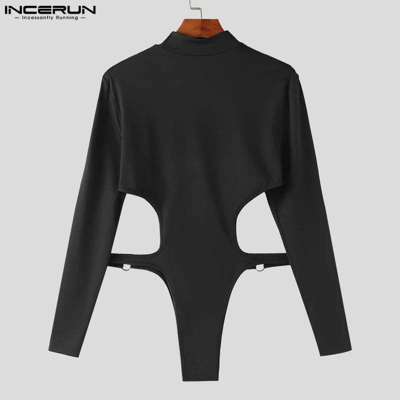 INCERUN 2023 Sexy Men's Rompers Hollow Deconstruction Design Jumpsuits Male Half High Neck Long Sleeved Triangle Bodysuits S-5XL