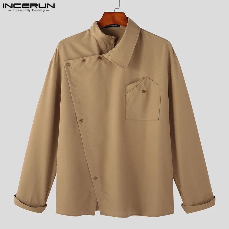 INCERUN Tops 2023 Koreanische Stil Neue männer Diagonal Knopfleiste Solide Einfache Alle-spiel Bluse Mode Lässig Langarm Shirts S-5XL