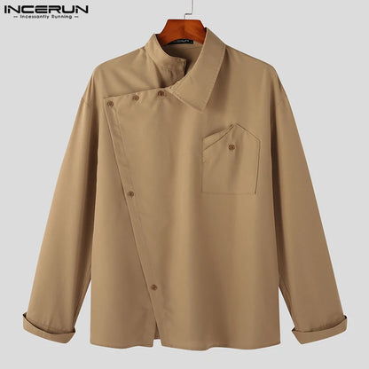 INCERUN Tops 2023 Korean Style New Men's Diagonal Placket Solid Simple All-match Blouse Fashion Casual Long Sleeved Shirts S-5XL