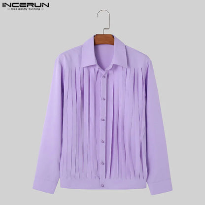 INCERUN Tops 2024 American Style Casual Men Solid Tassel Design Shirts Fashion Clubwear Hot Sale Long Sleeved Lapel Blouse S-5XL