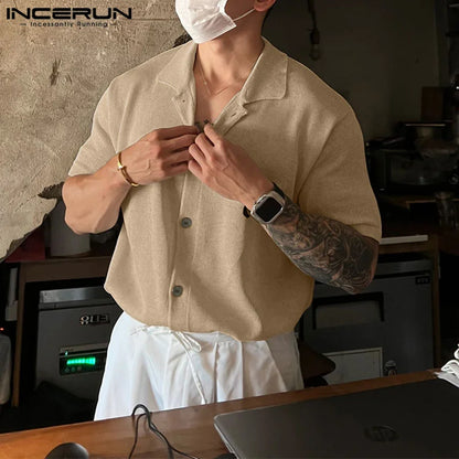 INCERUN Men Shirt Solid Color 2023 Lapel Short Sleeve Korean Style Men Clothing Streetwear Summer Knitted Casual Shirts S-5XL