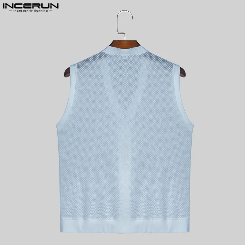 INCERUN 2024 Männer Tank Tops Mesh Aushöhlen Solide V Neck Sleeveless Sommer Männlichen Westen Transparent Streetwear Fashion Männer Kleidung