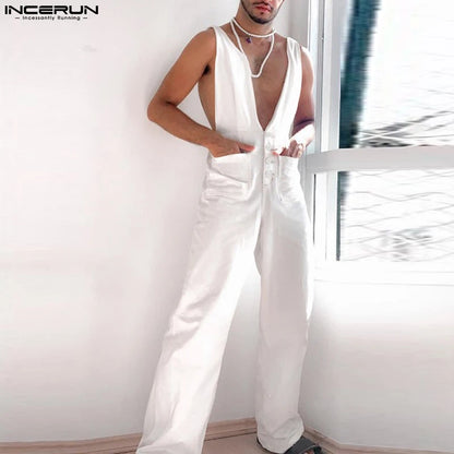 INCERUN 2023 Style américain Nouveau Hommes Décontracté Solide Conception Sangle Pantalon Mode Streetwear Vente Chaude Sexy Confortable Combinaisons