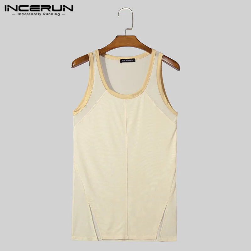 INCERUN Tops 2024 Style Américain Mode Hommes Haute Extensible Maille Transparent Gilets Été Décontracté Mince Sans Manches Débardeurs S-5XL