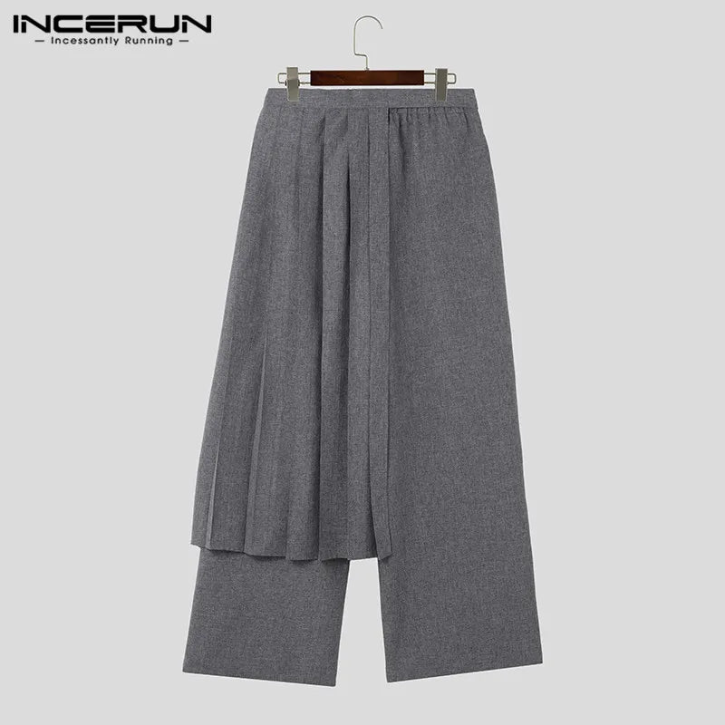 INCERUN 2023 Korean Style Men's Pantalons Detachable Half Pleated Skirts Pants Casual Streetwear Solid Wide Leg Long Pants S-5XL