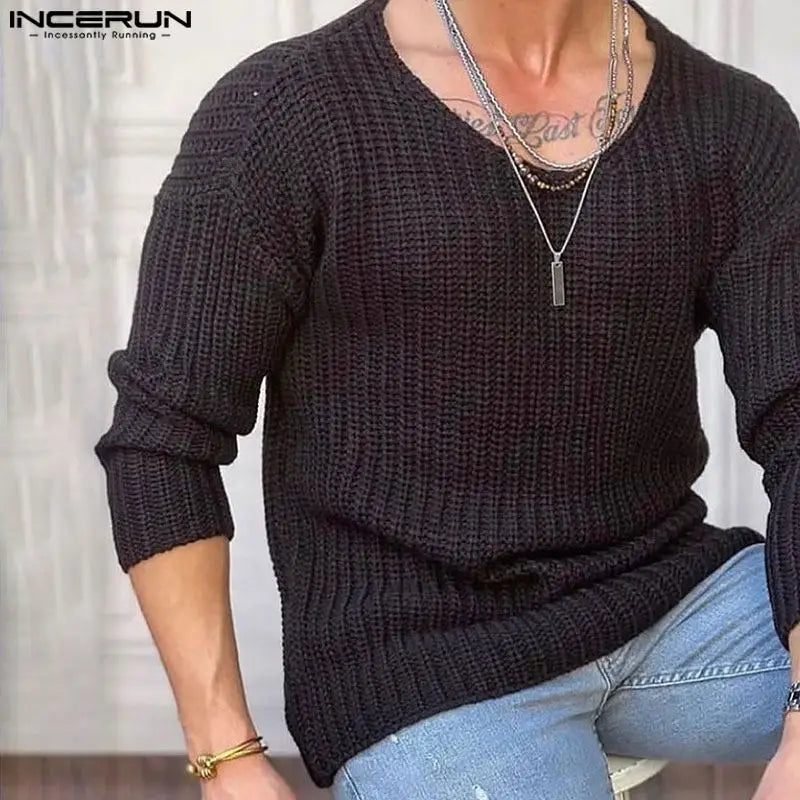 Casual Stylish Style Tops INCERUN 2024 Men's Knitted Texture T-shirts Male Solid Simple Comfortable Long Sleeved Camiseta S-5XL