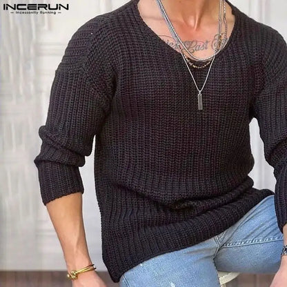 Casual Stylish Style Tops INCERUN 2024 Men's Knitted Texture T-shirts Male Solid Simple Comfortable Long Sleeved Camiseta S-5XL