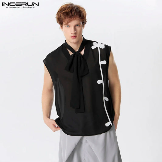 INCERUN Tops 2024 American Style Handsome Men Ribbon Design Vests Stylish Splicing Floral See-through Sleeveless Tank Tops S-5XL