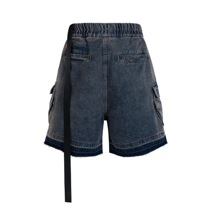 Ro Style Ribbons Streetwear Cargo-Shorts mit mehreren Taschen für Herren, elastische Taille, weites Bein, Baggy-Jeans, knielange Hose, lockerer Overall