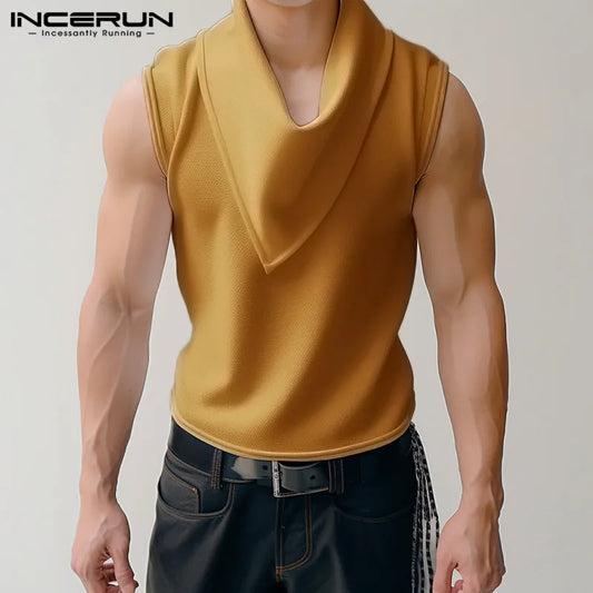 INCERUN Tops 2024 Korean Style Fashion New Men's Pile Neck Vests Casual Streetwear Solid Well Fitting Sleeveless Tank Tops S-5XL