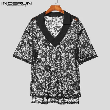 Handsome Well Fitting Tops INCERUN New Mens Sexy Fashion Thin Lace Mesh Shirts Casual See-through V-neck Lapel Blouse S-5XL 2024