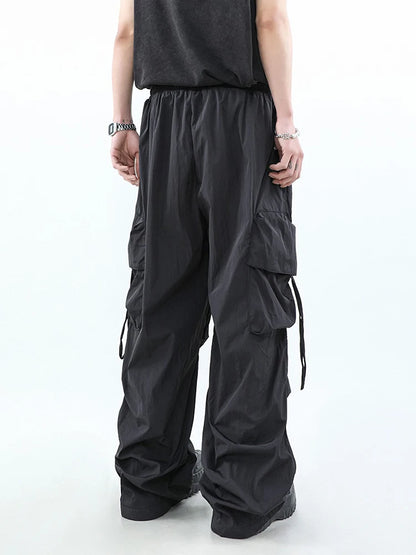 HOUZHOU Korean Parachute Cargo Pants Men Hip Hop Wide Leg Cargo Trousers Male Streetwear Loose Casual Men Clothing Safari Style