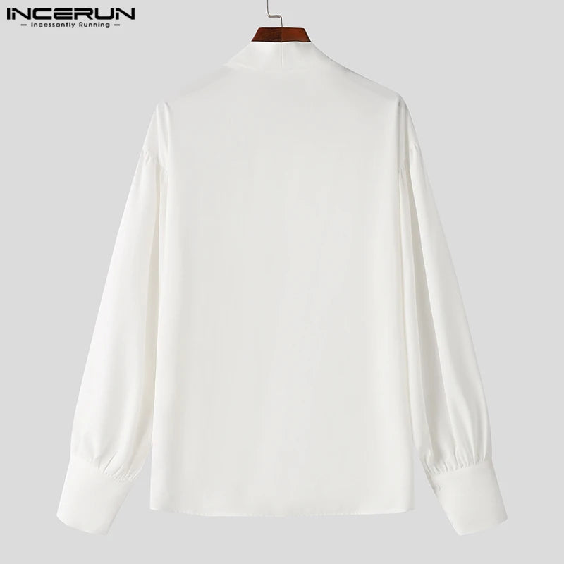 INCERUN Tops 2024 American Style Men's Sexy V-neck Thimble Design Shirts Casual Simple Solid All-match Long Sleeved Blouse S-2XL