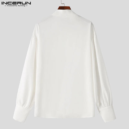 INCERUN Tops 2024 American Style Men's Sexy V-neck Thimble Design Shirts Casual Simple Solid All-match Long Sleeved Blouse S-2XL