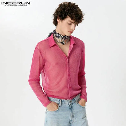 INCERUN Tops 2024 Sexy Casual Men's Slightly Translucent Flash Fabric Shirts Fashion Personality Thin Long Sleeved Blouse S-5XL