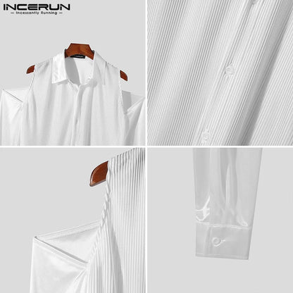 INCERUN Tops 2024 Stylish New Men Solid Fine Stripe Off Shoulder Shirt Casual Clubwear All-match Lapel Long Sleeved Blouse S-5XL