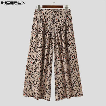 INCERUN 2024 American Style Pantalons Men Ethnic Printed High Waisted Silhouette Pants Casual Well Fitting Loose Trousers S-5XL