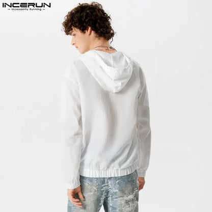 2024 Men Shirt Mesh Patchwork Transparent Hooded V Neck Zipper Long Sleeve Men Clothing Streetwear Loose Fashion Shirts INCERUN