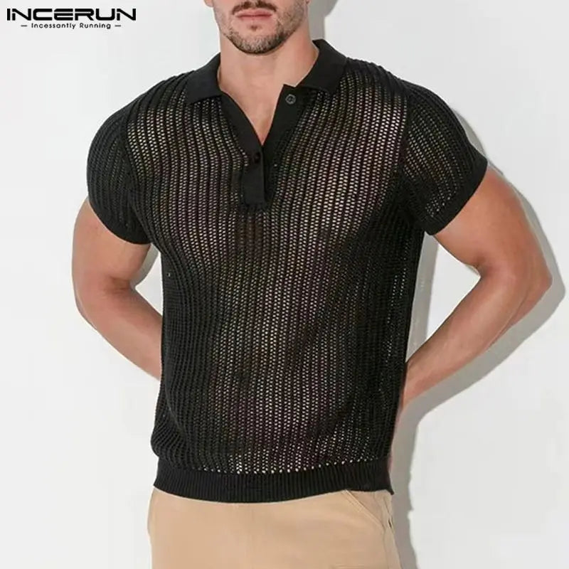 Fashion Casual Style Tops INCERUN 2024 New Men Perspective Mesh Shirts Male Summer Clubwear Lapel Short Sleeved Shirt S-5XL 2024