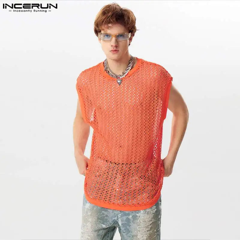 INCERUN Tops 2024 American Style Sexy Men Solid Hollow Perspective Vests Stylish Streetwear Male All-match Loose Tank Tops S-5XL