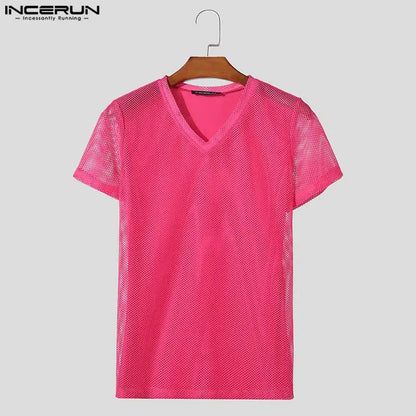 INCERUN Tops 2024 American Style Fashion Mens Rose Red Mesh T-shirts Casual Sexy Party Shows V-neck Short Sleeved Camiseta S-2XL