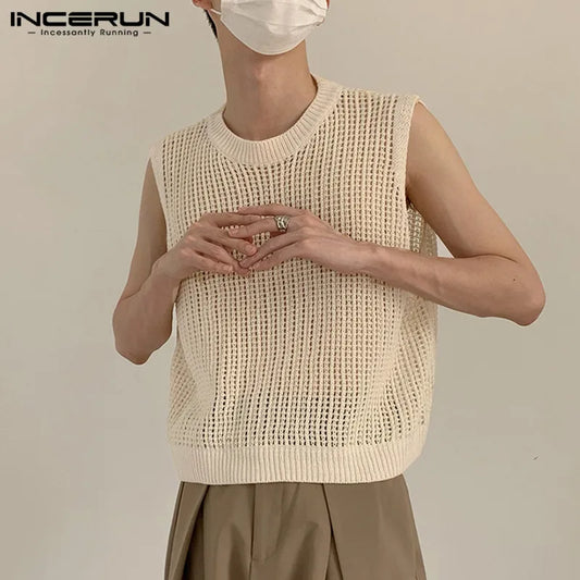 Fashion Men Tank Tops Mesh Hollow Out Transparent Streetwear Solid Color Vests 2023 O-neck Sleeveless Men Clothing S-5XL INCERUN