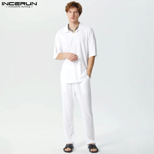 INCERUN 2024 Sets im amerikanischen Stil Neue Männer Kurzarmhemden Lange Hosen Männlich Gestrickt Casual Street Gestreift Zweiteilige Sets S-5XL