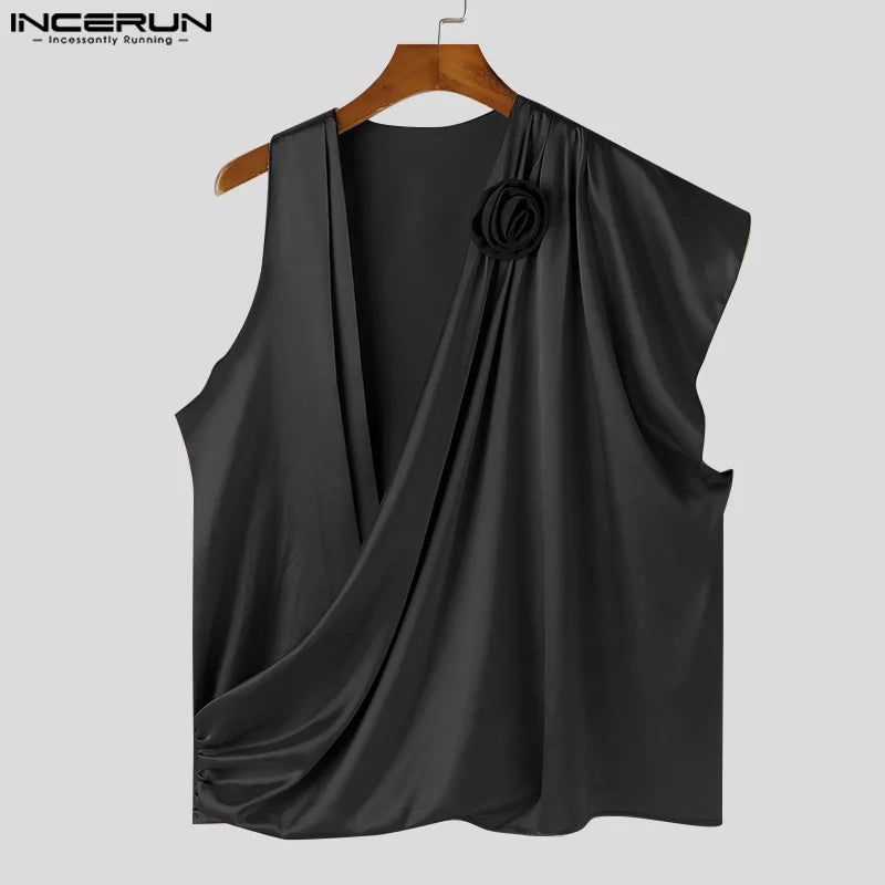 INCERUN Tops 2024 Style Coréen Mode Hommes Irrégulier Pile Col Fleur Décoration T-shirts Décontracté Solide Sans Manches Camiseta S-5XL