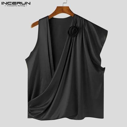 INCERUN Tops 2024 Korean Style Fashion Men Irregular Pile Neck Flower Decoration T-shirts Casual Solid Sleeveless Camiseta S-5XL