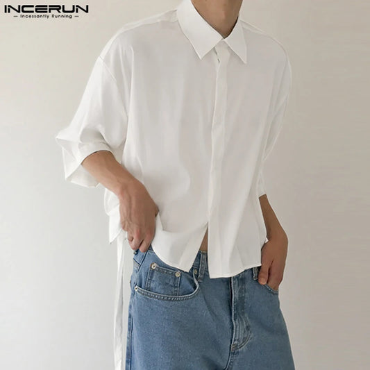 INCERUN Tops 2023 Koreanischen Stil Hübscher Männer Casual Fashion Solid Bluse Männlichen Alle-spiel Band Kurzen ärmeln Revers Shirts S-5XL