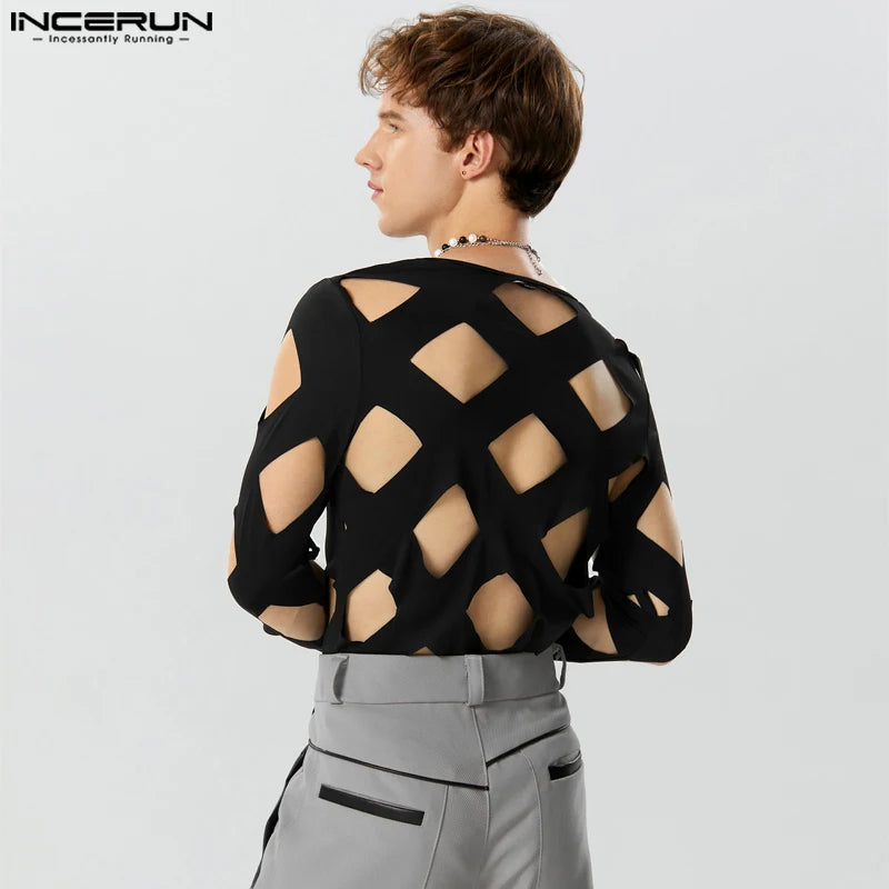 INCERUN 2023 Sexy Solid New Men Bodysuits Hollow Diamond Design Rompers Fashion Male Homewear O-Neck Long Sleeve Jumpsuits S-3XL