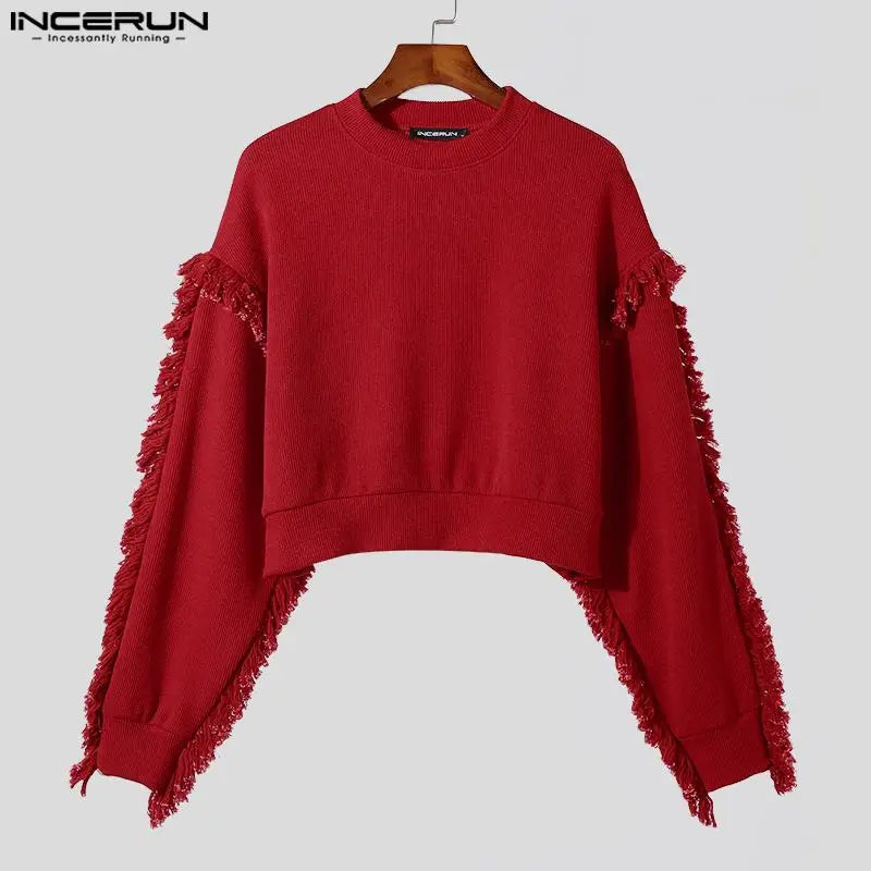 INCERUN Tops 2023 Korean Style New Men's Pullover Design Solid All-match Sweatshirts Tassels Trimmed Long Sleeved Sweaters S-5XL