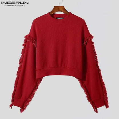 INCERUN Tops 2023 Korean Style New Men's Pullover Design Solid All-match Sweatshirts Tassels Trimmed Long Sleeved Sweaters S-5XL