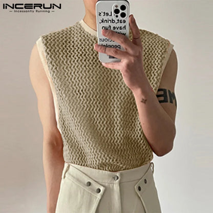 2023 Men Tank Tops Patchwork Mesh Transparent Lace Streetwear O-neck Sleeveless Vests Sexy Fashion Men Clothing S-5XL INCERUN 7