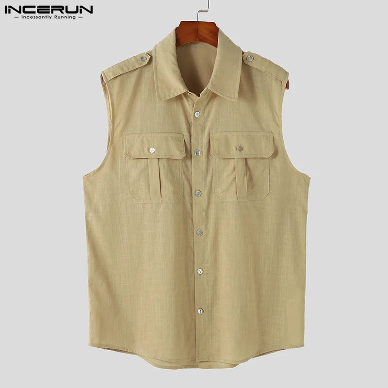 Hübsche Neue Herren Tops INCERUN 2024 Doppel Tasche Design Lose Shirts Casual Streetwear Männlichen Heißer Verkauf Ärmellose Feste Bluse S-5XL