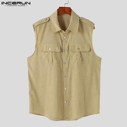 Hübsche Neue Herren Tops INCERUN 2024 Doppel Tasche Design Lose Shirts Casual Streetwear Männlichen Heißer Verkauf Ärmellose Feste Bluse S-5XL