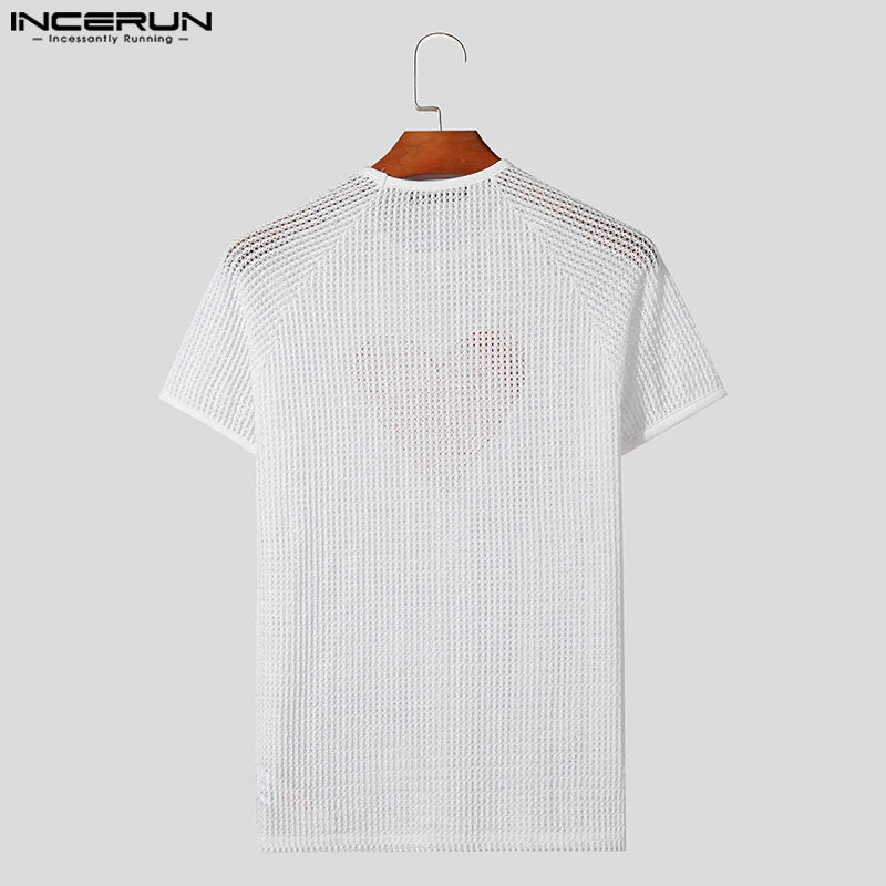 INCERUN Tops 2024 American Style Fashion New Men Hollow Heart Pattern Splicing Camiseta Personality Short Sleeved T-shirts S-5XL