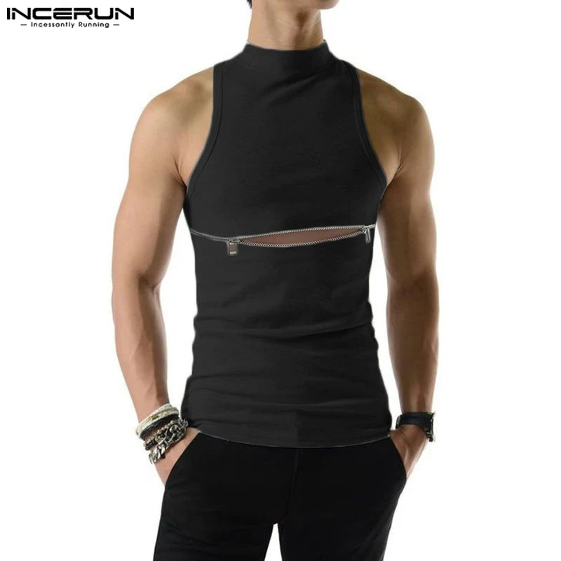 INCERUN Tops 2023 American Style New Men's Double Head Zipper Design Solid Vests Casual Knitted Half High Collar Waistcoat S-5XL