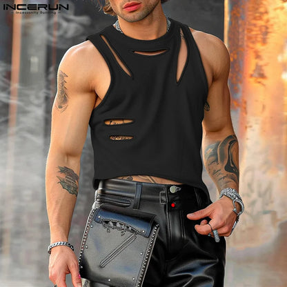 Mode Lässig Stil Tops INCERUN Neue Herren Unregelmäßigen Hohl Burn-out Tank Tops Männlichen Streetwear Solide Ärmellose Westen S-5XL 2024