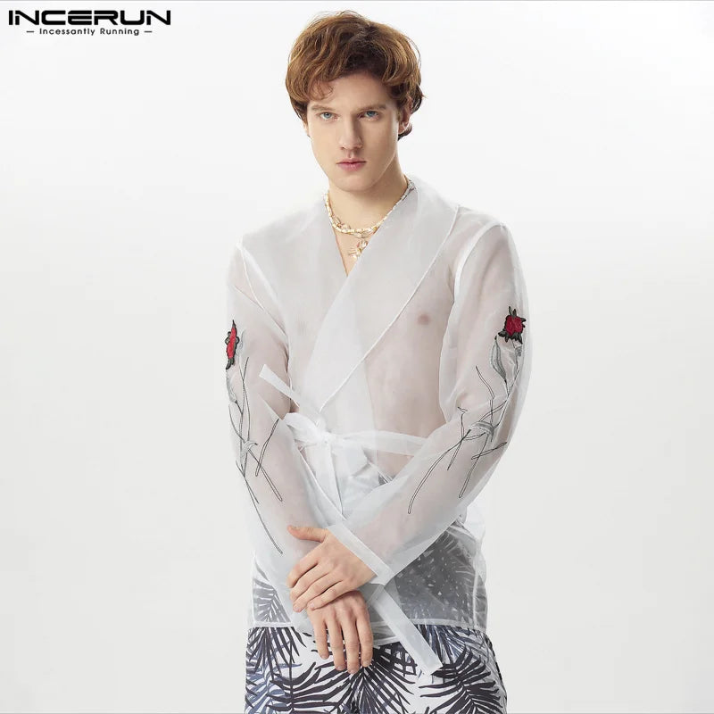 Fashion See-through Tops INCERUN 2024 Men's Rose Sticker Sleeve Shirts Casual Sexy Male Thin Long Sleeved Cardigan Blouse S-5XL