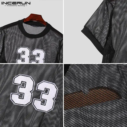 INCERUN Tops American Style Fashion Men Mesh Fabric Digit Printed T-shirt Casual Personality O-neck Short Sleeved Camiseta S-5XL