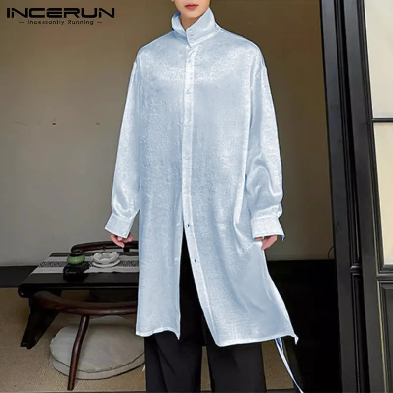 INCERUN Tops 2024 Korean Style New Men Satin Texture High Neck Shirts Casual Well Fitting Solid Medium Long Sleeved Blouse S-5XL