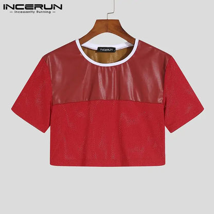 INCERUN Fashionable Casual Style New Men's Breathable Mesh Camiseta Short Sleeve Crop Tops 2023 Patchwork Cropped T-Shirts S-5XL