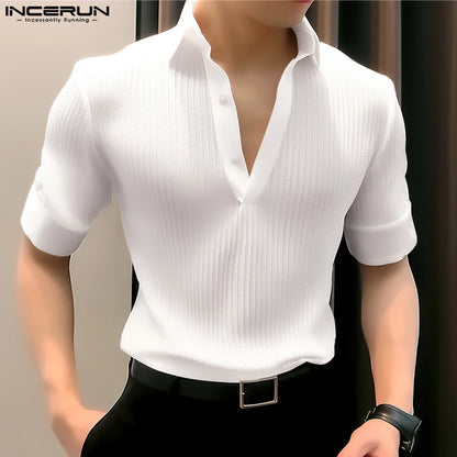 Handsome All-match Tops INCERUN Men's Striped V-neck Design Blouse Casual Streetwear Male Solid Short Sleeved Shirts S-5XL 2024