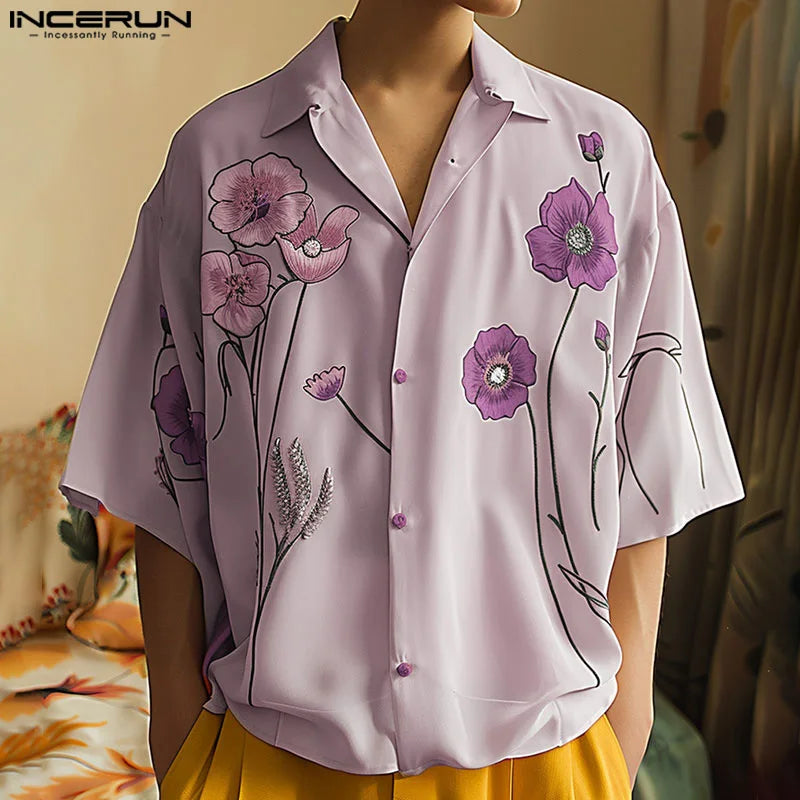 INCERUN Tops 2024 American Style Fashion Men's Floral Print Design Shirt Casual Streetwear Simple Lapel Half Sleeve Blouse S-5XL