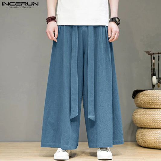 2023 männer Breite Bein Hosen Einfarbig Kordelzug Baumwolle Casual Hosen Männer Streetwear Vintage Jogger Lose Jogger Hosen INCERUN