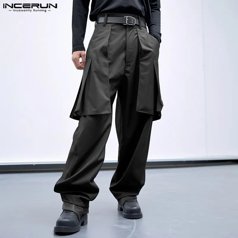 INCERUN 2024 Korean Style Trousers Men Deconstruction Fake Two-piece Design Pantalons Leisure Solid Comfortable Long Pants S-5XL